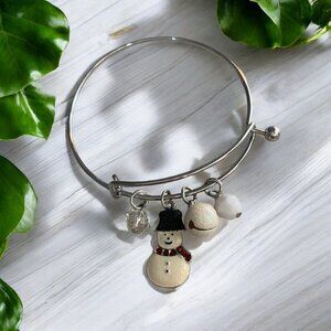 Snowman Charm Bracelet With Frosted Bell Charm Shiny Silver Tone Adjustable Fit